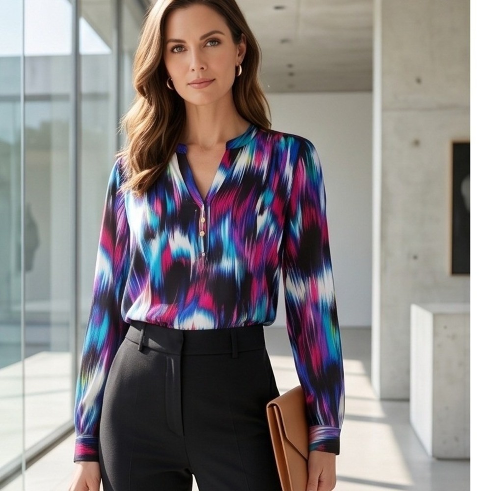 Investments Petites Blouse Womens PL Pink Blue Abstract Print Roll‎ Tab